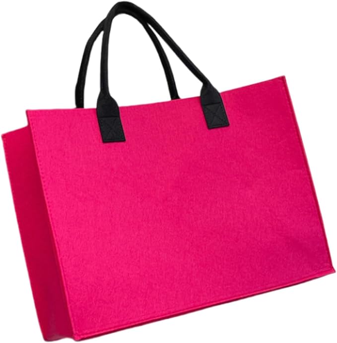 1pc Large Unisex Felt Grocery Tote Bag Contrast-Color Portable Handbag Reusable Gift Bag (6.Rose Red+Black)