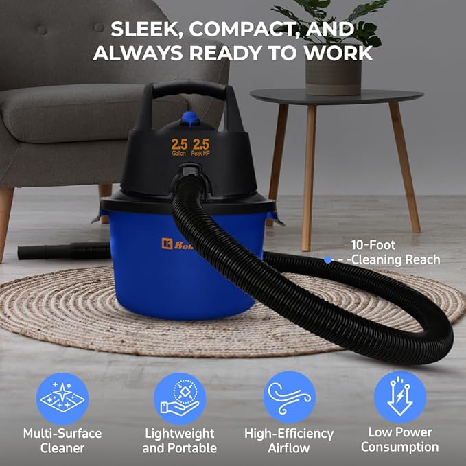 Koblenz Wet Dry Vacuum Cleaner, 2.5 Gallon 2.5 PHP, 60 CFM, 10 ft Reach, TWIST-N-LOCK Hose, Wall Mount, Small Shop Vac, Portable Shop Vac for Home Car Garage, Accessories Included, Blue/Black, WD-2.5L