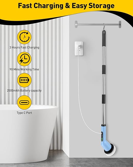 Electric Spin Scrubber for Cleaning Bathroom, Shower Scrubber Cordless Cleaning Brush with IPX7 Waterproof & 2 Speed, 3 Brush Heads, Bathroom Cleaning Supplies for Shower Tub Kitchen Tile Toilet Sky