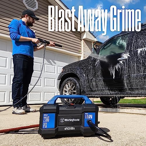 Westinghouse ePX3100v Electric Pressure Washer, 2100 Max PSI 1.76 Max GPM, Built-in Carry Handle, Detachable Foam Cannon, Pro-Style Steel Wand, 3-Nozzle Set, for Cars/Fences/Driveways/Home/Patios