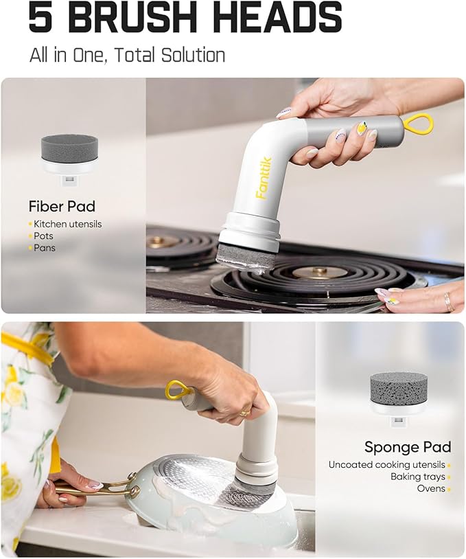 Fanttik G9 Handy Cordless Electric Spin Scrubber, MagnaStorm Motor, Dual-Speed, 5 Brush Heads, LED Display, IPX7 Waterproof, 2500mAh with Type-C Charging, for Kitchen, Sink, Tile, Stove- White