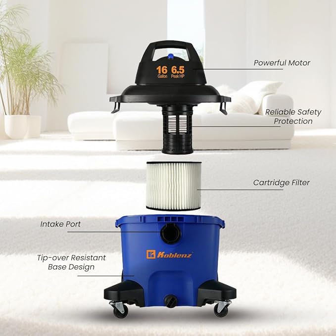 Koblenz WD-16 L4 Wet Dry Vacuum Cleaner, 16 Gallon Wet Dry Vac, 6.5 PHP, 3-in-1 Suction & Blower, Click-N-Lock Hose, Drain Plug, Big Vacuum Cleaner for Carpet & Floors, Swivel Casters, Black/Blue