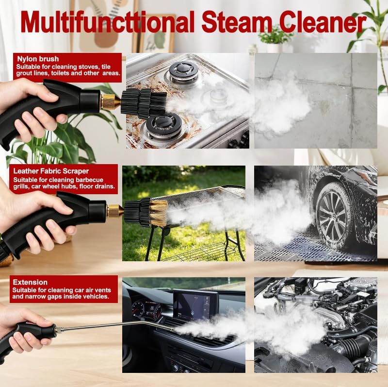 Steam Cleaner, Portable Pressurized Steamer for Cleaning with 14pcs Accessories, 6-Level Adjustable and 15s Heat-Up, Handheld Steam Cleaner for Home, Tile, Dirt, Grout, Grease, Car Detailing(Red)