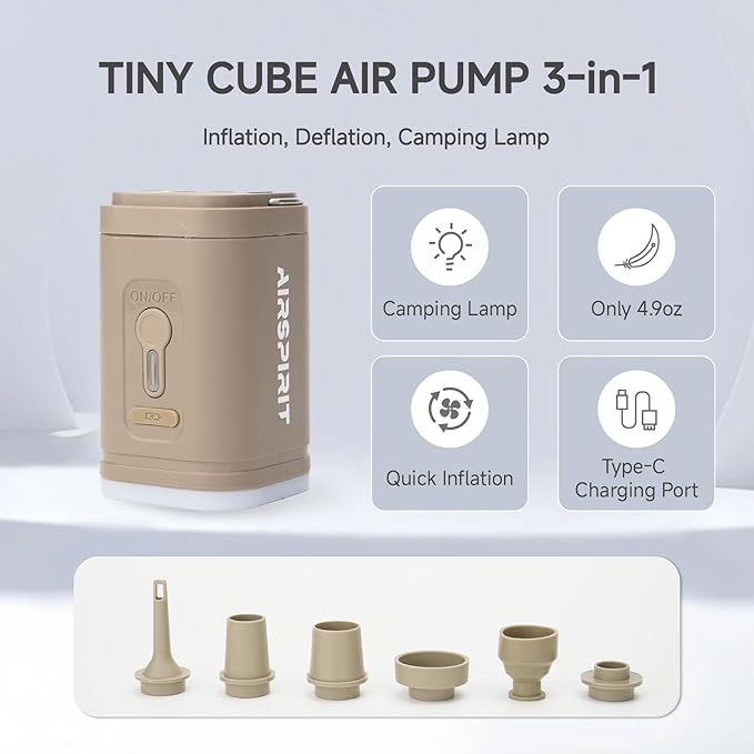 Portable Electric Mini Air Pump for Inflatables-Camping (SOS) Light,5 Universal Nozzles,Carabiner Clip,1200mAh Rechargeable-Fast Inflate/Deflate Pool Float/Air Mattress Bed/Vacuum Bag Home Storage