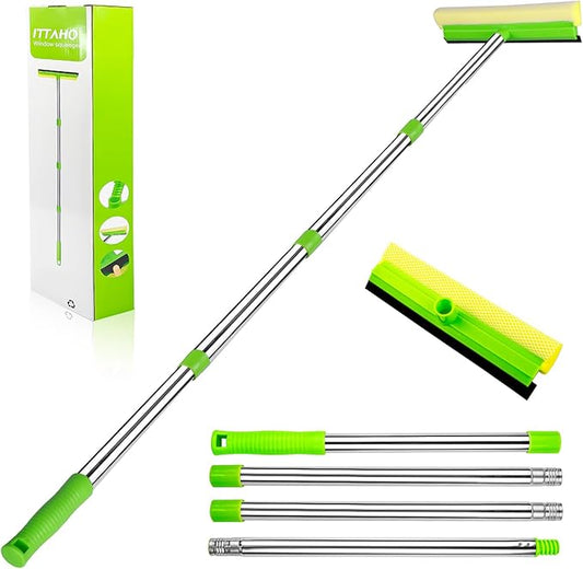 Window Squeegee, Squeegee for Window Cleaning, 2 in 1 Squeegee Window Cleaner with 58'' Long Handle,Window Washing Kit with Extension Pole for Shower, Windshield, Mirror, Gas Station, Glass
