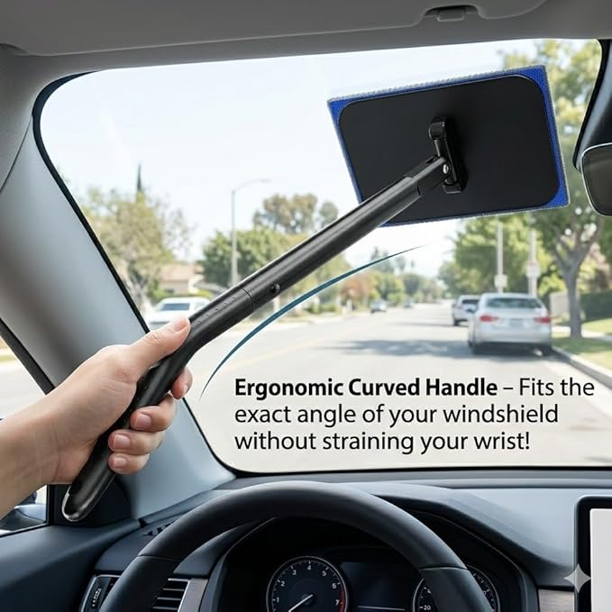 Car Windshield Cleaner Tool with Extendable Handle, Inside Auto Window Glass Cleaning Kit with 5 Washable Microfiber Pads, Streak-Free Defogger Wand for Deep Dashboards & SUVs