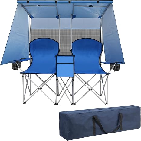 ptlsy Folding Double Camping Chair with Canopy Shade for Beach Lawn (Blue)
