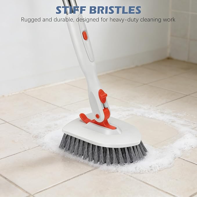 SetSail Floor Scrub Brush, Tile Tub Floor Scrubber with 52-inch Adjustable Long Handle Shower Cleaner Brush for Cleaning Toilet Kitchen Bathroom Tub Tile Wall Sink, White Orange