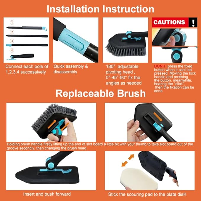 Long Handled Scrub Brush for Shower,3-in-1 Cleaning Brushes with 3 Different Function Cleaning Heads Brush for Shower Cleaning Bathroom Kitchen Walls Tub Tile (Black)