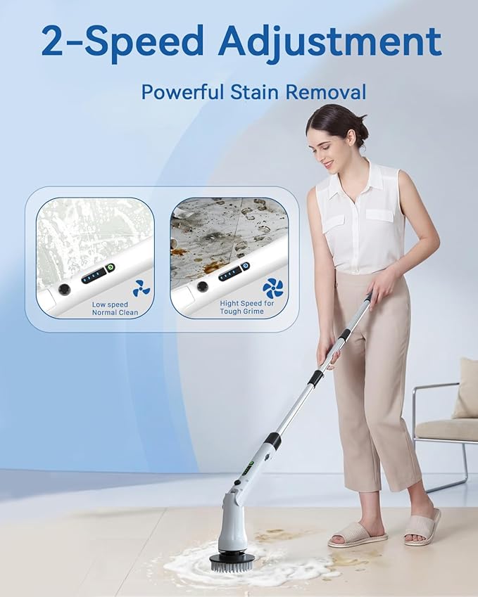 Electric Spin Scrubber, Hillyfe Bathroom Scrubber Electric with 7 Replaceable Brush Heads, IPX7 Waterproof,300/400 RPM, 3 Adjustable Length,Scrubber Brush Electric for Bathtub Floor,White