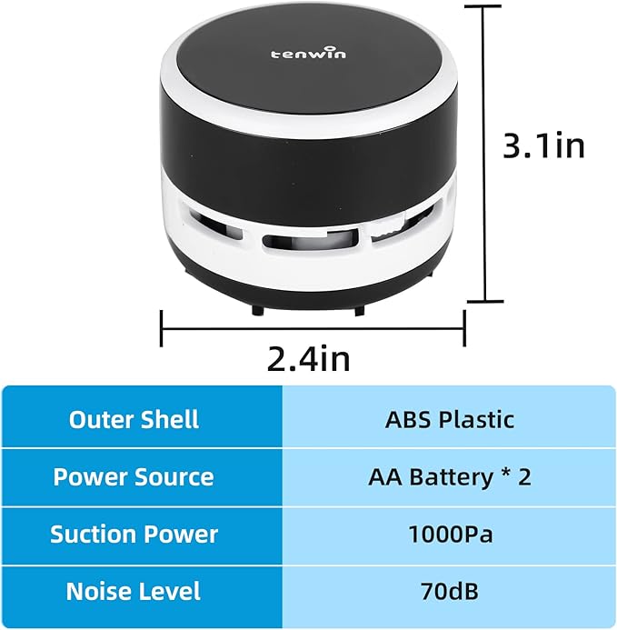 tenwin Mini Vacuum Cleaner, Portable Desktop Vacuum Cordless, Handheld Dust Sweeper Battery Operated, Low Noise and Strong Suction for Home/Office/School/Car/Keyboard(Battery not Include)