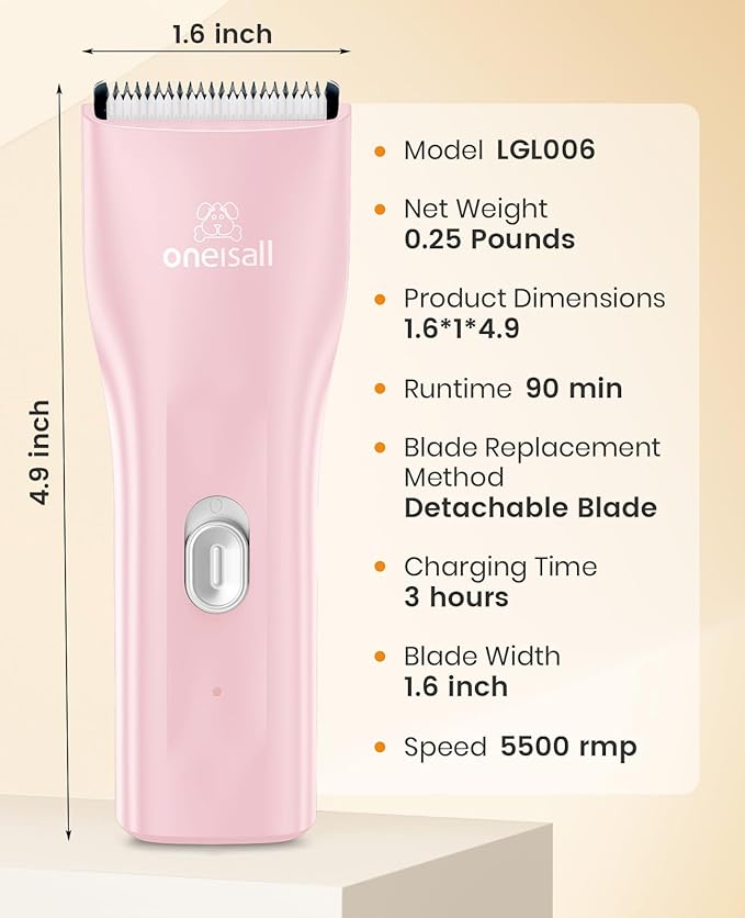 oneisall Pet Clipper for Cat Matted Hair, Pet Shaver for Cats Quiet Pet Clippers Waterproof Cordless Cat Clippers for Matted Long Hair with Storage Bag (Pink)