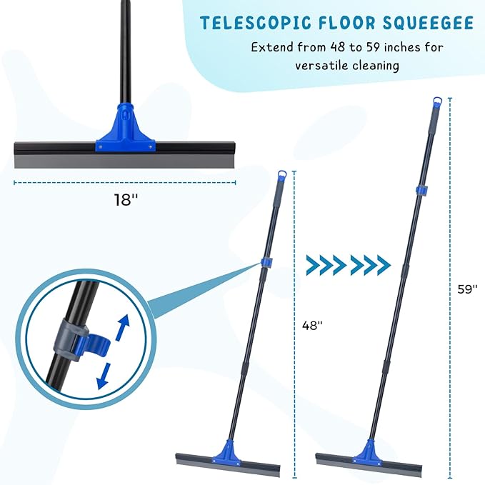 Floor Squeegee with Telescopic Long Handle 59'', Heavy Duty 18" Rubber Wiper Broom for Concrete, Bathroom Tile, Garage, Deck