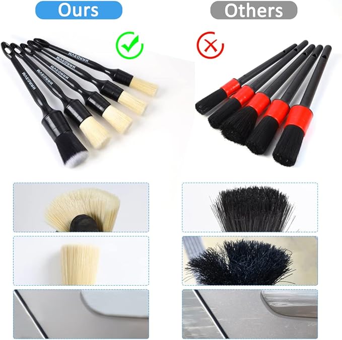 MVEQRRN 5pcs Car Detailing Brush Set, Boar Hair Car Detailing Brushes, Ultra Soft Scratch-Free Car Interior Detail Brush for Leather Seats,Detail Brushes Car Detailing for Interior Exterior.