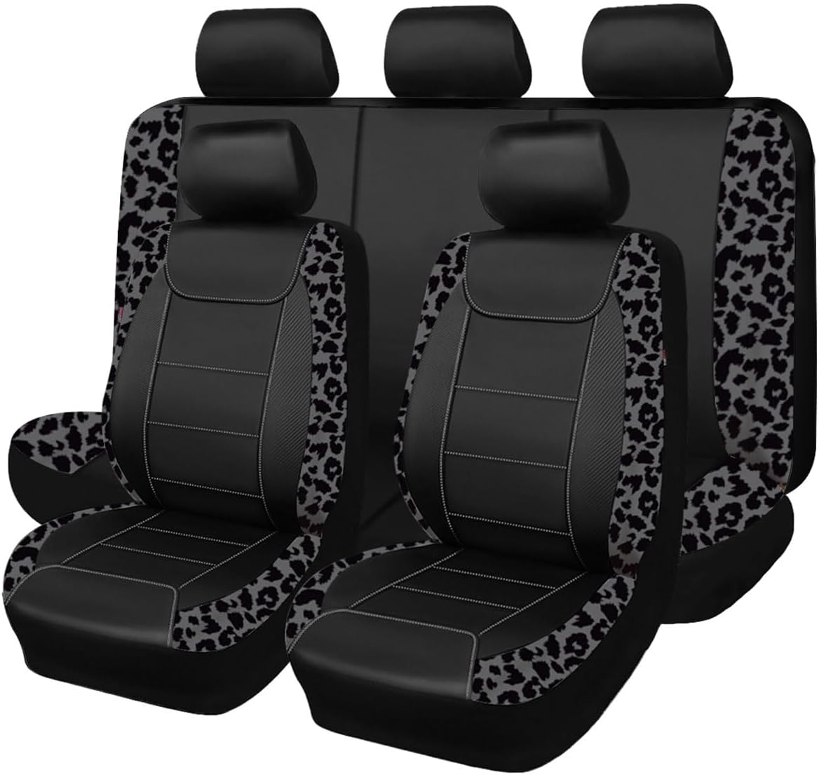 Carbon Fiber Leather Vehicle Seat Covers, Leopard Gray Black, Universal Fit - 8PCS