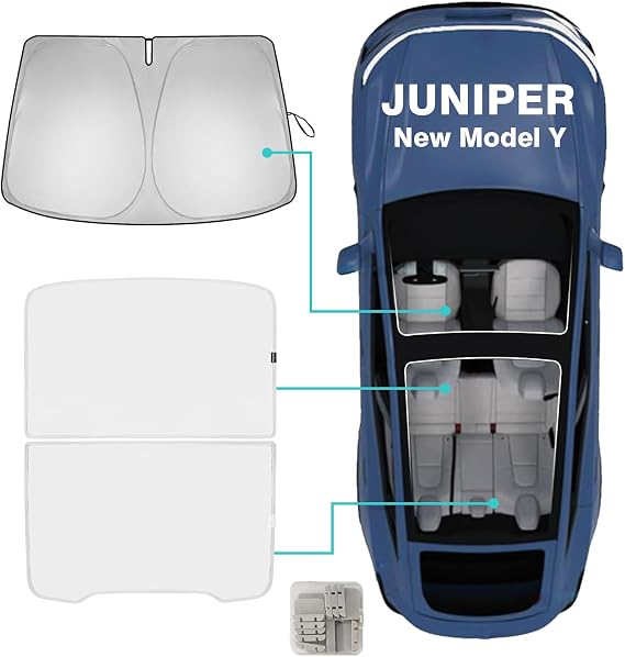 BestEvMod 3PCS Windshield&Roof Sunshade Compatible with 2026 2025 Tesla New Model Y Juniper Foldable Sun Shade Accessory