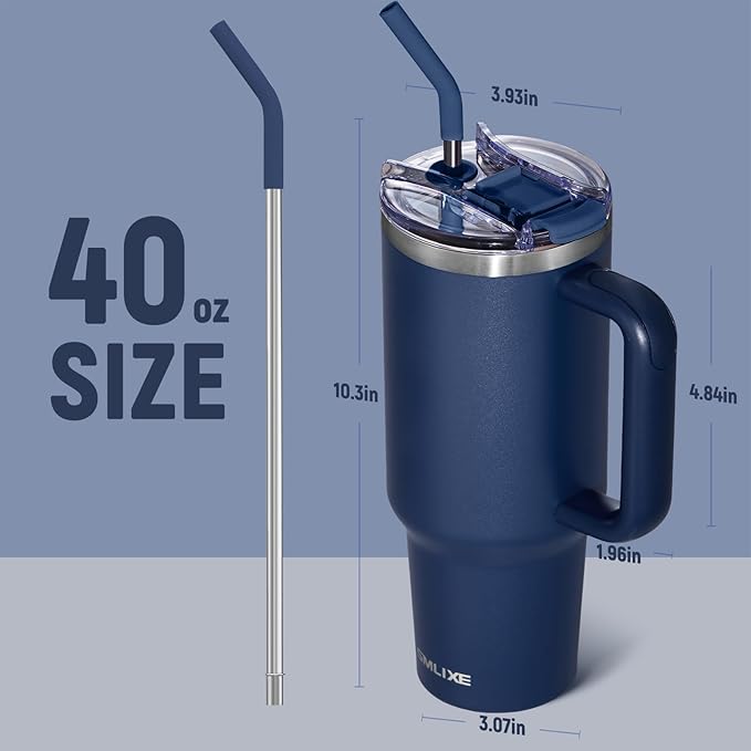 40 oz Tumbler with Handle and Straw Lid,Insulated Reusable Stainless Steel Water Bottle Travel Mug，Cupholder Friendly Double Wall Vacuum Sealed Cup (Navy)