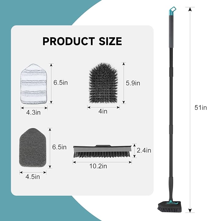 nacena Shower Scrubber with Long Handle, 4 in 1 Tile Tub Scrubber Brush with 3 Detachable Cleaning Heads and V-Shaped Grout Brush Shower Cleaner Brush for Bathroom Kitchen Toilet Tub Sink Wall, Black