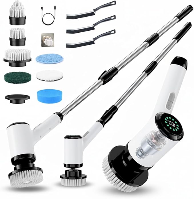Electric Spin Scrubber, Cordless Power Cleaning Brush with 8 Replaceable Heads, 2 Adjustable Speeds, LED Display & Long Handle, Ideal for Bathroom Tub Tile Floor Car Cleaning