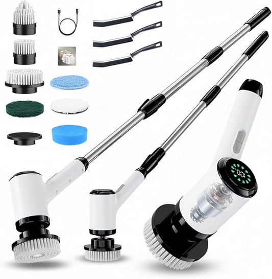 Electric Spin Scrubber, Cordless Power Cleaning Brush with 8 Replaceable Heads, 2 Adjustable Speeds, LED Display & Long Handle, Ideal for Bathroom Tub Tile Floor Car Cleaning