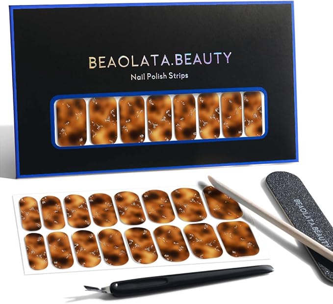 Nail Polish Strips, 32PCS Salon Quality Wraps, Long Lasting Gel Nail Stickers for Women Easy Apply& Remove (Classic Leopard Brown)