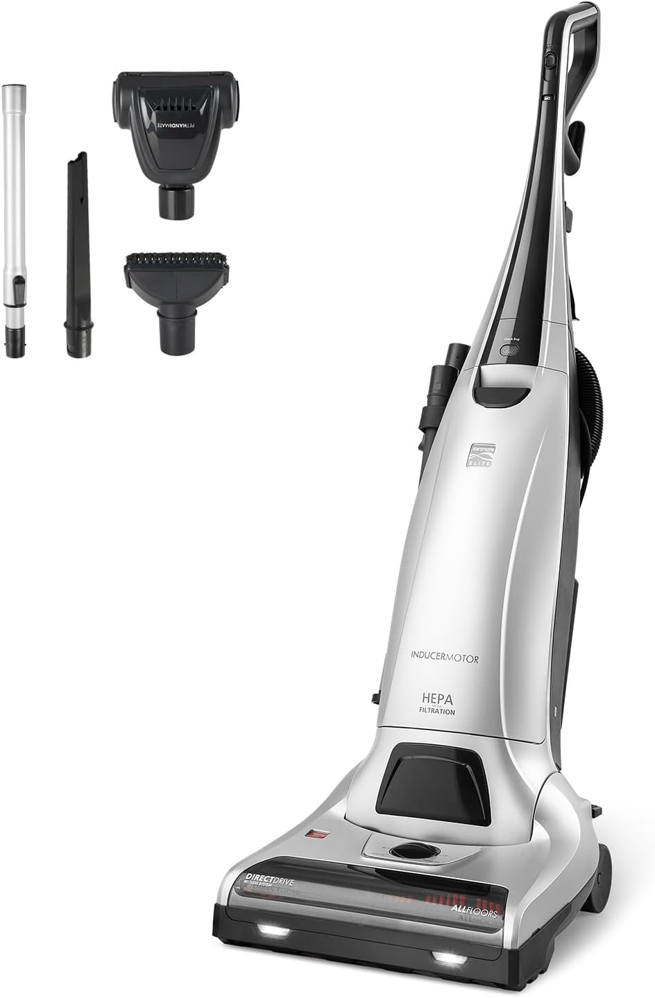 Elite 31150 Pet Friendly Bagged Upright Beltless Vacuum w/Pet Handi-Mate, Triple HEPA, 3D Inducer Motor, Telescoping Wand, 5-Position Height Adjustment, 3 Cleaning Tools-Silver