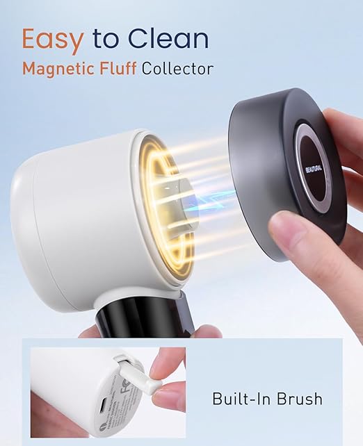 BEAUTURAL Fabric Shaver and Lint Remover, Rechargeable Electric Sweater Shaver with 3 Speeds, 6 Leaf Blades and LED Display, Portable Pilling Remover for Clothes, Furniture, Blankets, White