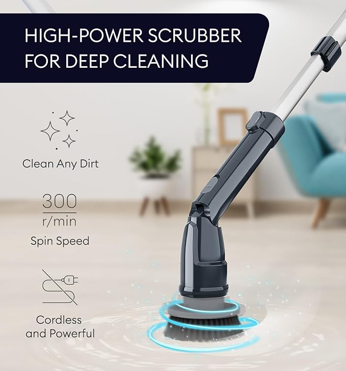 GENIANI Electric Spin Scrubber - 360 Cordless Powerful Scrub Brush for Cleaning Bathroom, Tile, Floor, Tub & Shower with Adjustable Extension Handle & 3 Replaceable Rotating Brush Heads (Gloss Black)