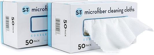 S&T INC. Microfiber Cleaning Cloths with Box, Two 50pk Boxes, Bulk Towels for Home, Reusable Microfiber Towels for Cars, Cleaning Rags, White, 190gsm, 11.8 Inches x 11.8 Inches