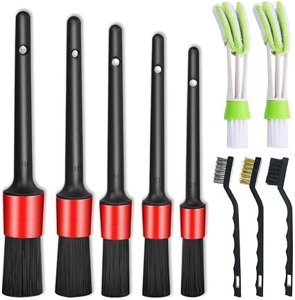 Nurkul 11Pcs Auto Detailing Set, Boar Hair Brushes, Steel Wire & A/C Brushes, Red, Soft Bristles, Wood Handles for Clean