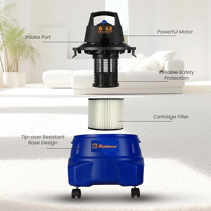 Koblenz WD-6 L212 Wet Dry Vacuum Cleaner, 6 Gallon, 4.5 PHP, 3-in-1 Suction & Blower, 16 ft Reach, Big Cleaner for Car, Shop Vacuum Wet and Dry, Swivel Casters, Black/Blue