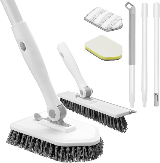 nacena Shower Scrubber with Long Handle, 4 in 1 Tile Tub Scrubber Brush with 3 Detachable Cleaning Heads and V-Shaped Grout Brush Shower Cleaner Brush for Bathroom Kitchen Toilet Tub Sink, Grey White
