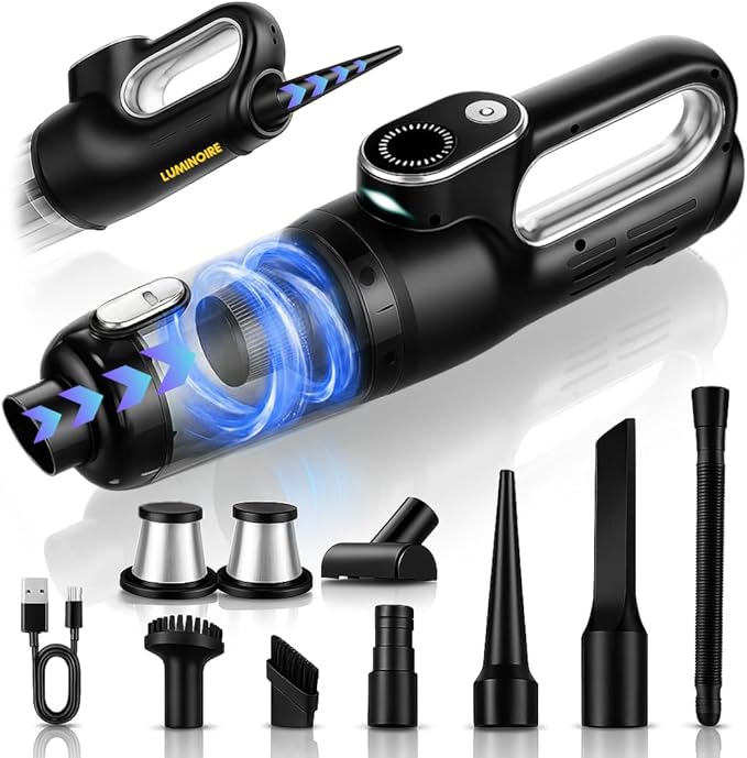 Car Vacuum Portable Cordless, 4-in-1 Mini Car Vacuum with 19500pa Suction & Air Duster, USB-C Charging, Smart Digital Display, Handheld Vacuum with LED Light, Multi Nozzles for Car, Home, Office, Pet