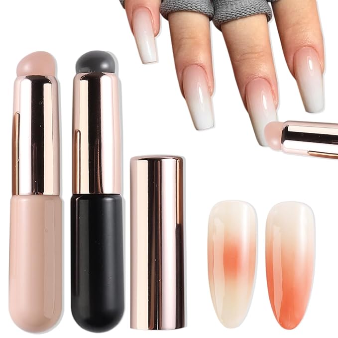 Fcozpjk Silicone Brush for Ombre Nail Art, 2Pcs Reusable Gel Polish Brush Gradient Nail Design, Silicone Pen Chrome Powder Applicator Brush, Soft Head Stamper for Stamping Nail Art, Manicure Tool