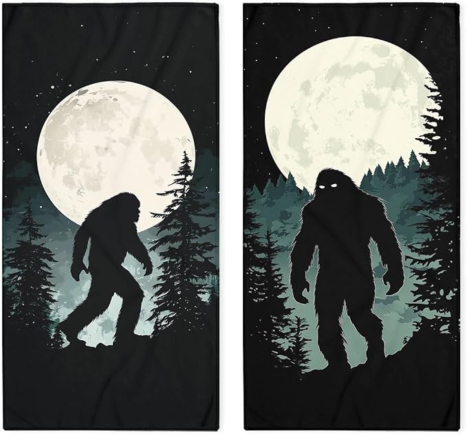 Bigfoot Bath Hand Towels Set of 2 Absorbent Funny Moon Dark Forest Sasquatch Decorative Hand Towels Set for Bathroom Gym