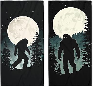 Bigfoot Bath Hand Towels Set of 2 Absorbent Funny Moon Dark Forest Sasquatch Decorative Hand Towels Set for Bathroom Gym