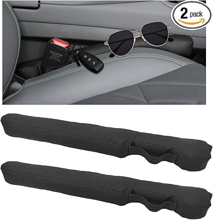 2PCS Leather Car Seat Gap Filler, No-Drop Seat Side Gap Plug Crevice Blocker with Securing Strap, Elastic Filler Block T