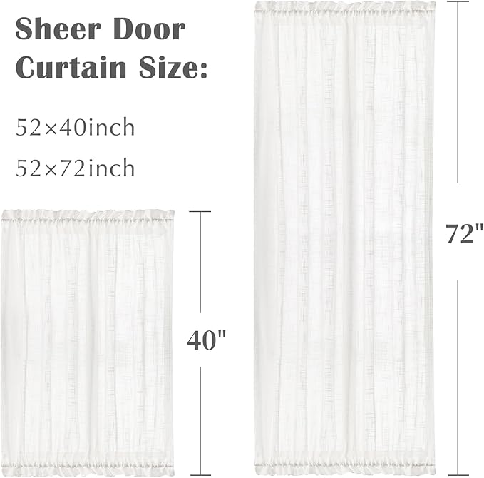 jinchan Linen French Door Curtain with Open Weave Semi-Sheer Door Curtain Decor 40 Inches Long Drape Rod Pocket 1 Panel Light-Filtering Privacy Window Decor 1 Tieback Included White