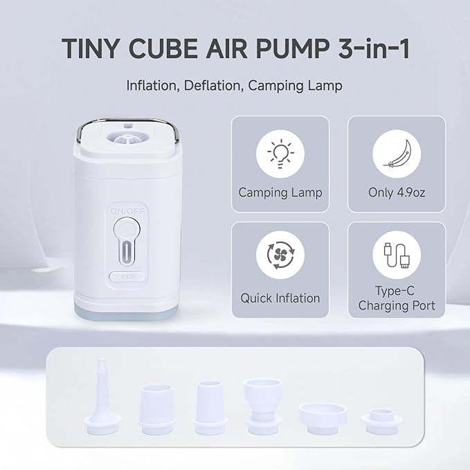 Portable Electric Mini Air Pump for Inflatables-Camping (SOS) Light,5 Universal Nozzles,Carabiner Clip,2400mAh Rechargeable-Fast Inflate/Deflate Pool Float/Air Mattress Bed/Vacuum Bag Home Storage