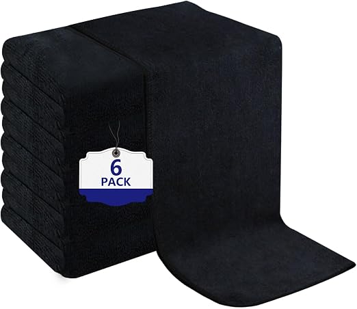 Puomue 6 Pack Black Salon Towels, Super Soft and Absorbent Microfiber Hair Towel for Salon, Bath, Spa, Pool and Home, 27