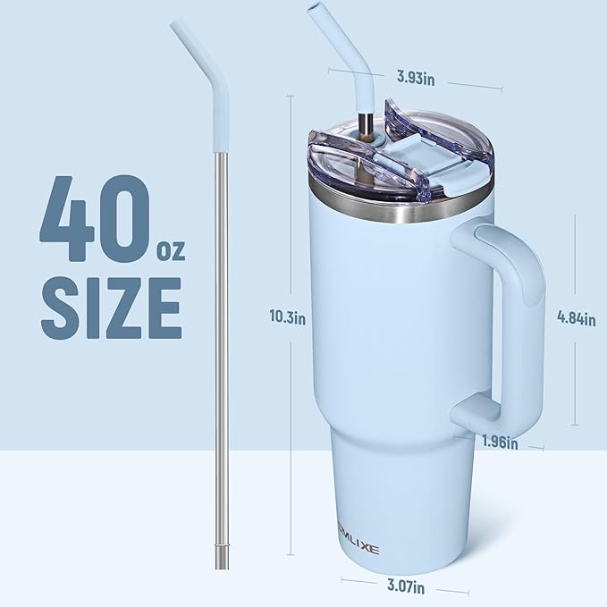 40 oz Tumbler with Handle and Straw Lid,Insulated Reusable Stainless Steel Water Bottle Travel Mug，Cupholder Friendly Double Wall Vacuum Sealed Cup (Sky Blue)