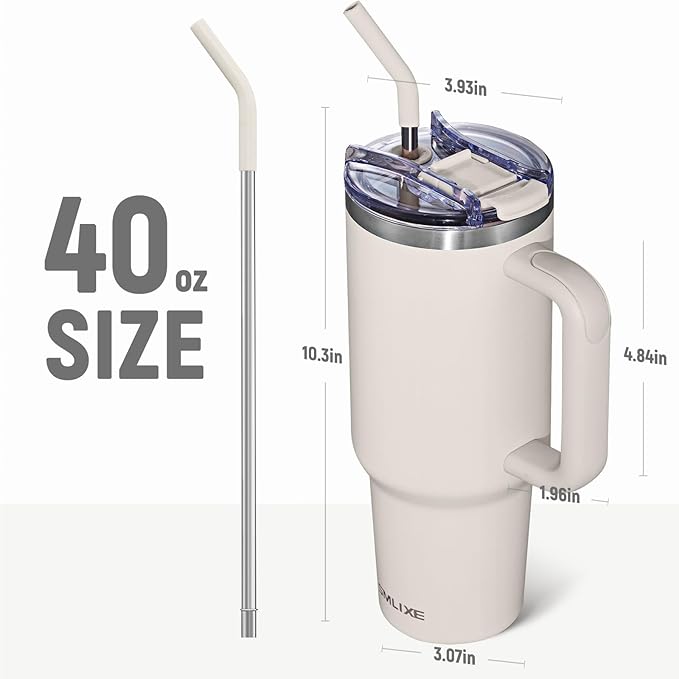 40 oz Tumbler with Handle and Straw Lid,Insulated Reusable Stainless Steel Water Bottle Travel Mug，Cupholder Friendly Double Wall Vacuum Sealed Cup (Almond Birch)
