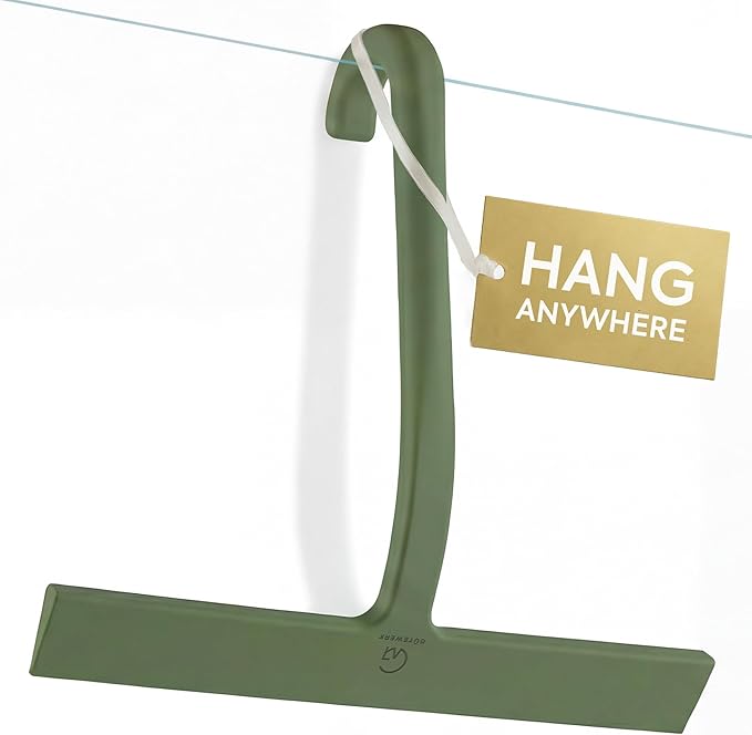 GÜTEWERK Shower Squeegee for Glass Doors – Bathroom Squeegee for Shower Glass & Tile Walls, Streak-Free & No-Squeak Silicone Blade, Stainless Steel Core, Hang Hook + Suction Cup, Green, 10 Inch
