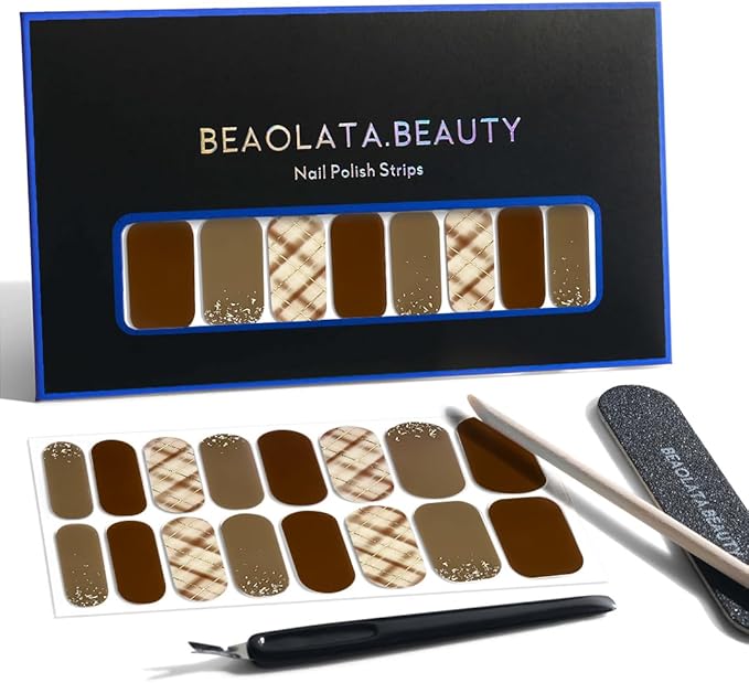 Nail Polish Strips, 32PCS Salon Quality Wraps, Long Lasting Gel Nail Stickers for Women Easy Apply& Remove (Mocha Plaid Brown)