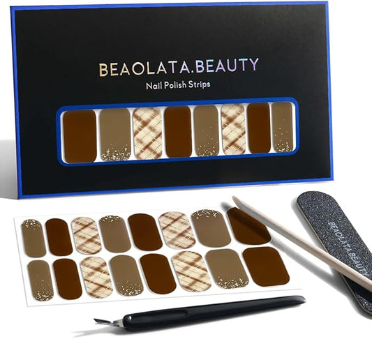Nail Polish Strips, 32PCS Salon Quality Wraps, Long Lasting Gel Nail Stickers for Women Easy Apply& Remove (Mocha Plaid Brown)