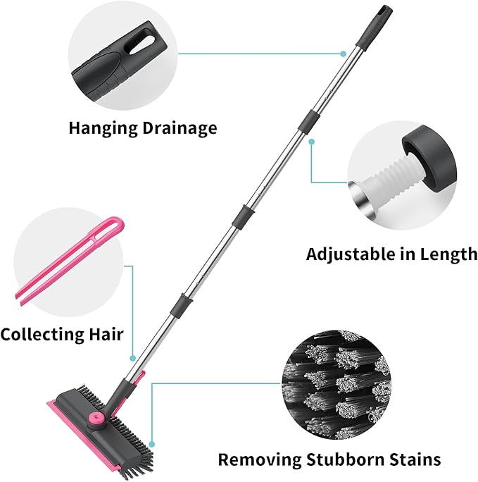 AIR U+ Floor Scrub Brush with Long Handle, 3 in 1 Scrape and Heavy-Duty Stiff Bristle Scrubber Brush for Cleaning Shower Bathroom, Patio, Pool, Garage, Kitchen, Wall and Deck, Gray and Pink