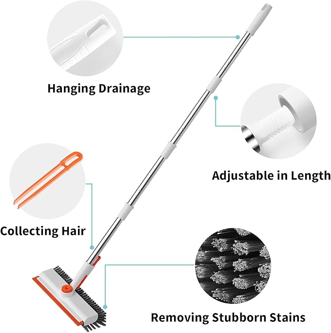 AIR U+ Floor Scrub Brush with Long Handle, 3 in 1 Scrape and Heavy-Duty Stiff Bristle Scrubber Brush for Cleaning Shower Bathroom, Patio, Pool, Garage, Kitchen, Wall and Deck, White and Orange
