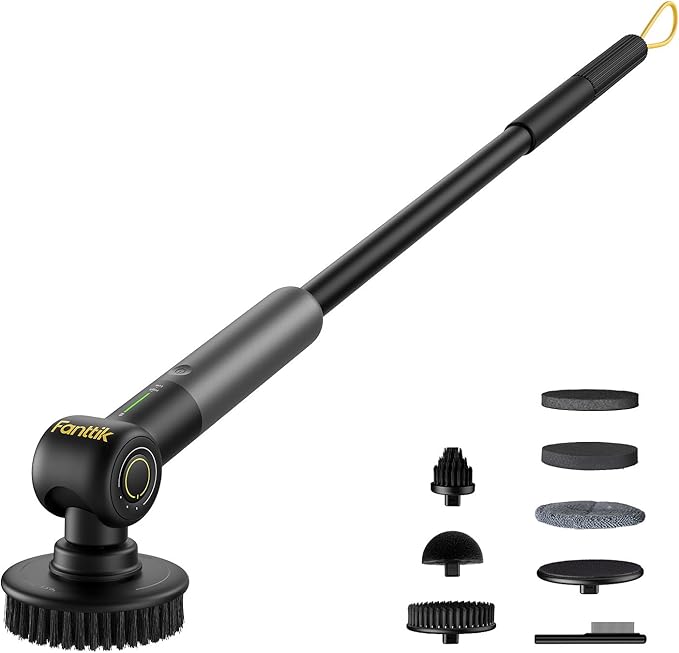 Fanttik Flip G9 Pro Electric Scrubber, VoltiPulse Motor, Dual-Speed Cleaner with 6 Brush Heads, Adjustable Angle & Extendable Handle, IPX7 Waterproof, Type-C Charge for Bathroom, Tile, Grout - Black
