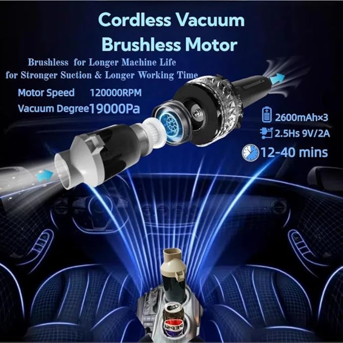 Portable Cordless Car Vacuum Cleaner Suction Power 19000Pa with Brushless Motor, Handheld Mini Vacuum Cleaner with Multiple Attachments, 3 Suction Modes,Rechargeable (Black)