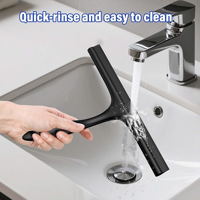 Shower Squeegee for Glass Doors with Adhesive Hook, Window Squeegee for Shower Glass, Cleaning Tile Wall, Bathroom Cleaner Tool Household Silicone Squeegee(10 inch-Black)